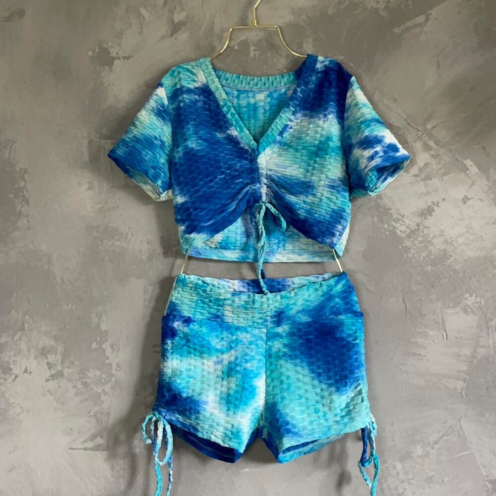 SHEIN Blue Tie Dye Textured Lounge Set Crop Top Shorts L
